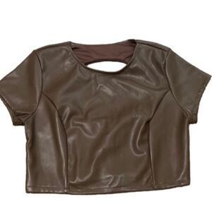 Kirious Brown Faux Leather Crop Top with Cutout Back Sz S